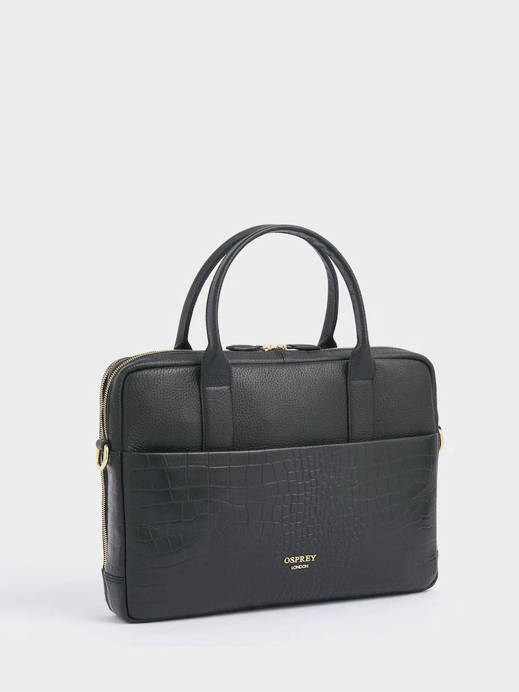 Black Kellie Croc Grain Leather Laptop Bag