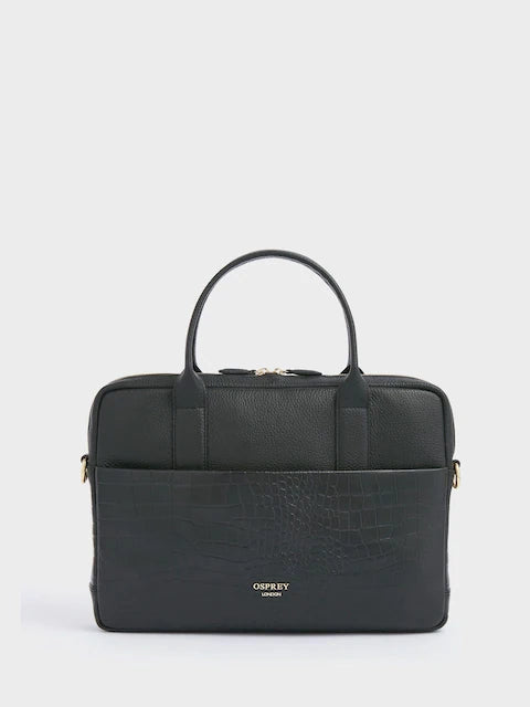 Black Kellie Croc Grain Leather Laptop Bag