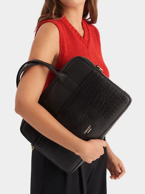 Black Kellie Croc Grain Leather Laptop Bag